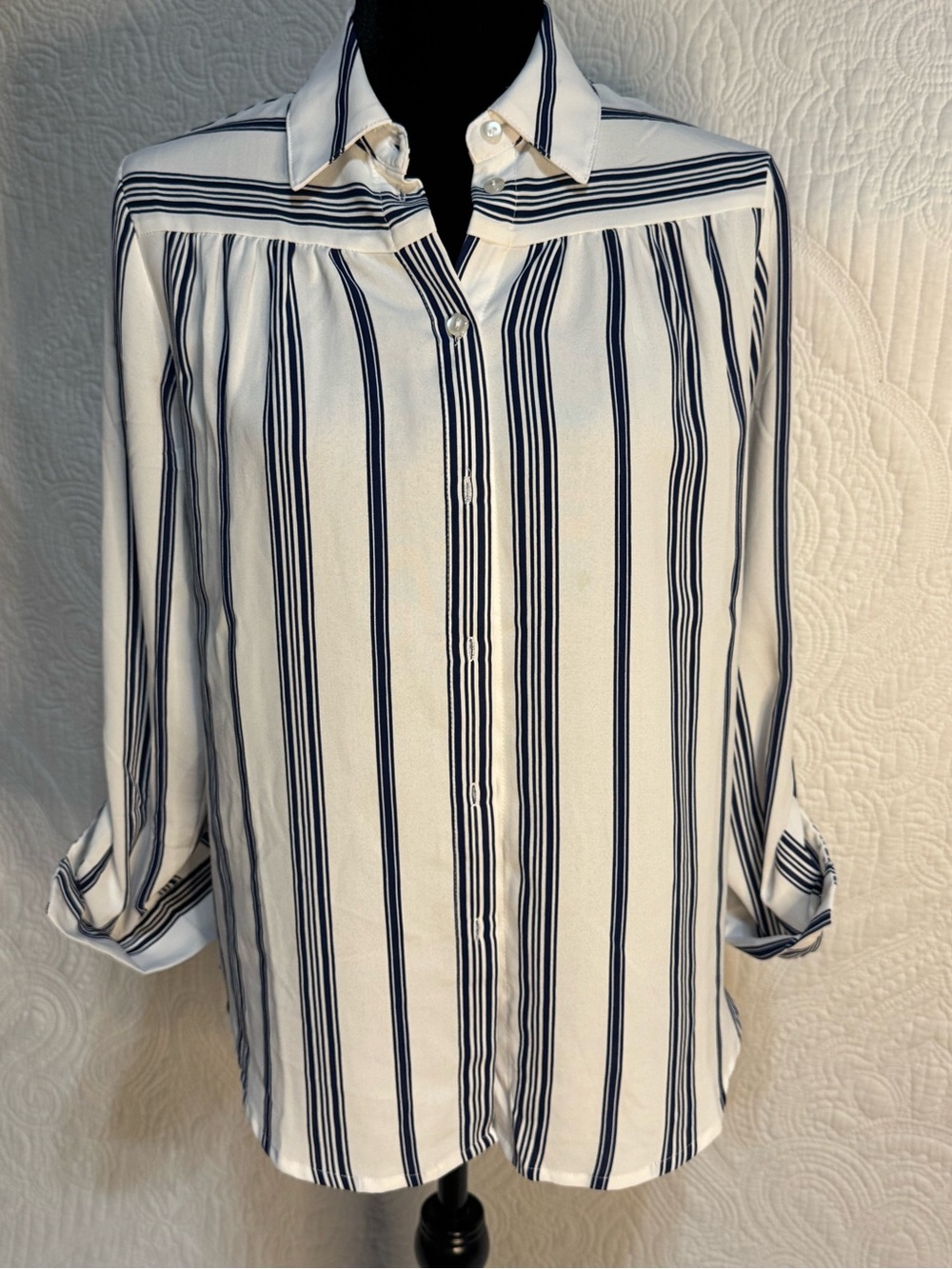 NY Collection Striped Button-Front Blouse White Blue
Size S